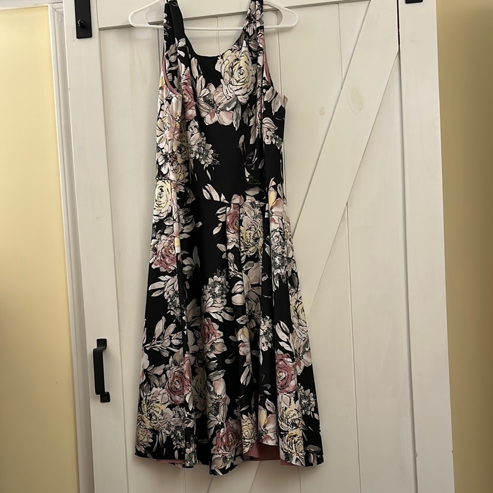 White House Black Market Black and Pink Fit and Flare Midi Dress